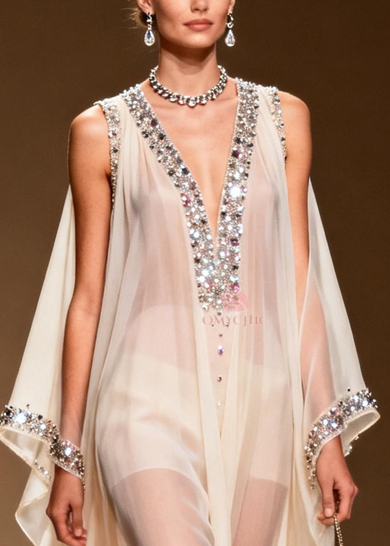 DIY White Cold Shoulder Rhinestone Chiffon Sheer Dress Summer
