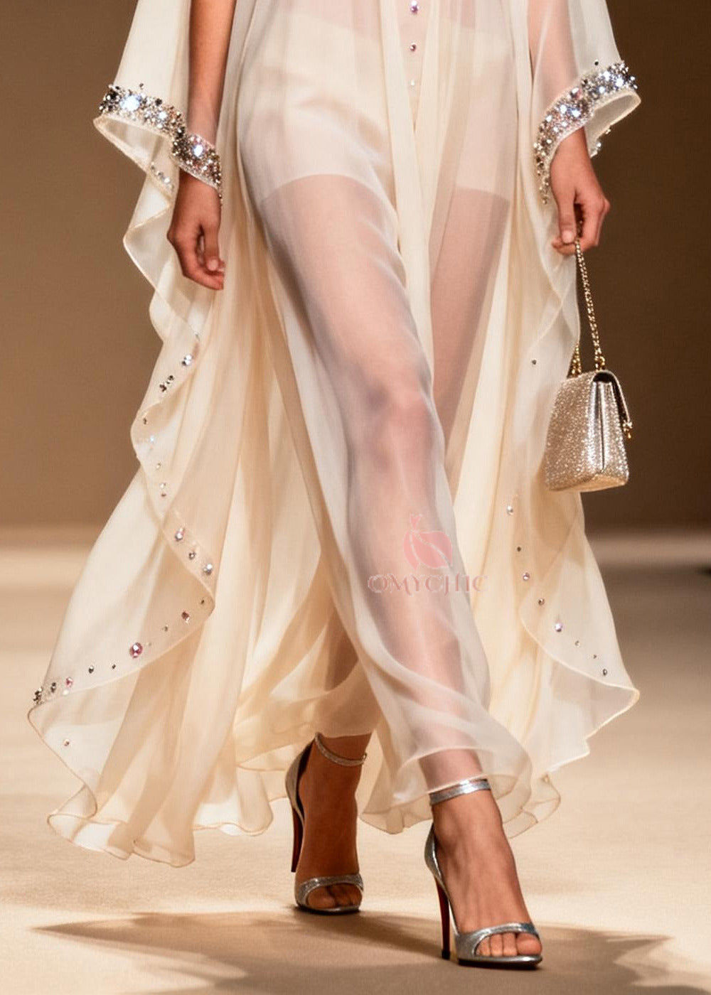 DIY White Cold Shoulder Rhinestone Chiffon Sheer Dress Summer
