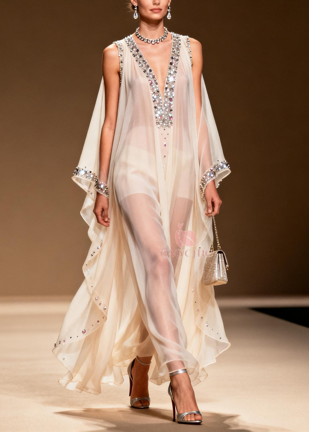 DIY White Cold Shoulder Rhinestone Chiffon Sheer Dress Summer