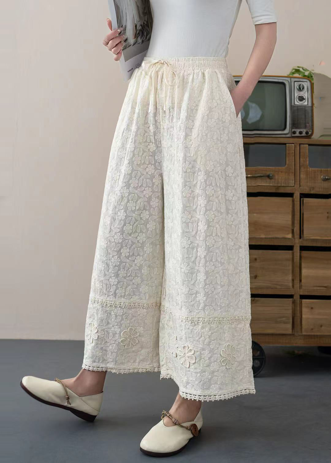 DIY White Embroidered Floral Cotton Crop Pants Trousers Summer