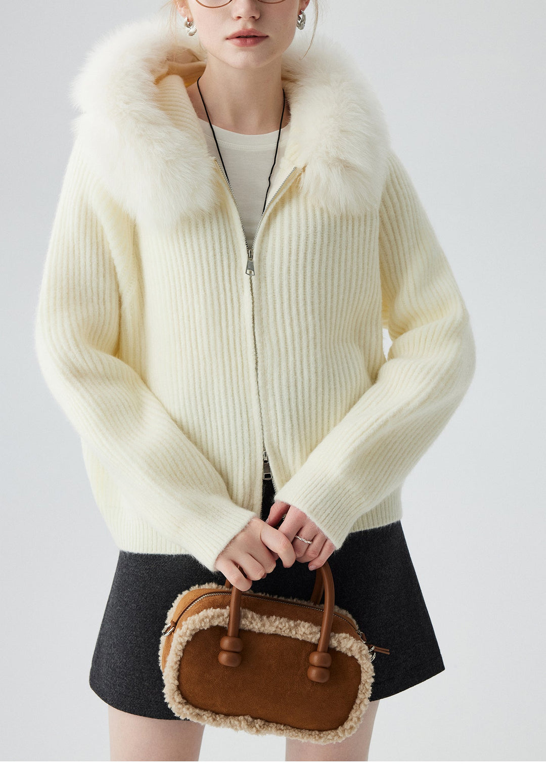 DIY White Hooded Patchwork Fox Fur Knit Cardigans Winter