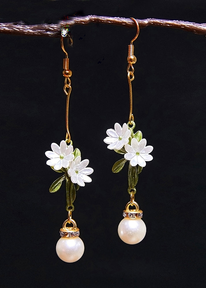 DIY White Pearl Chrysanthemum Drop Earrings - Omychic