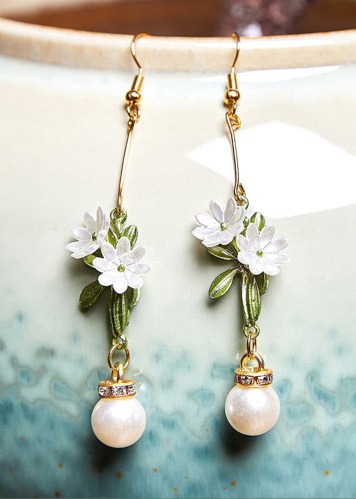 DIY White Pearl Chrysanthemum Drop Earrings - Omychic