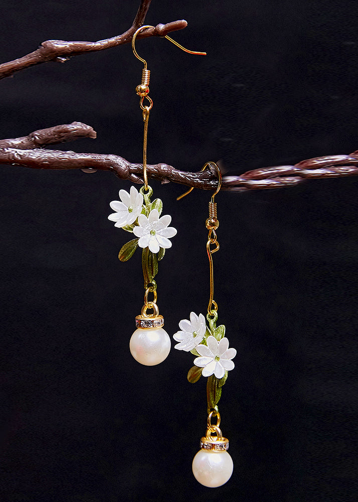 DIY White Pearl Chrysanthemum Drop Earrings - Omychic