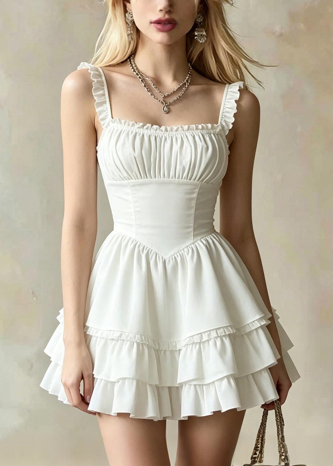 DIY White Ruffles Layered Cotton Mini Dress Summer