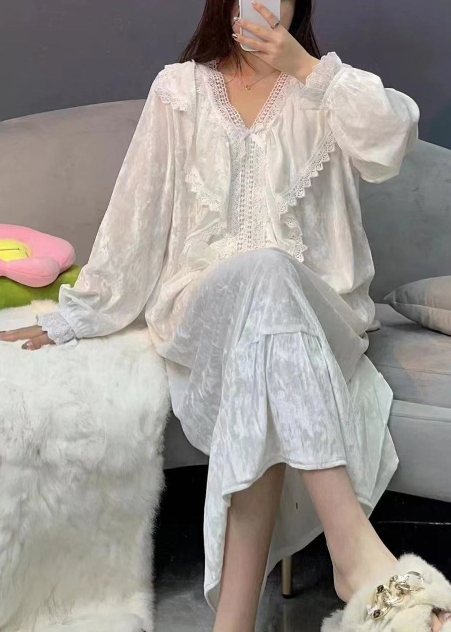 DIY White V Neck Lace Patchwork Silk Velvet Maxi Dresses Spring