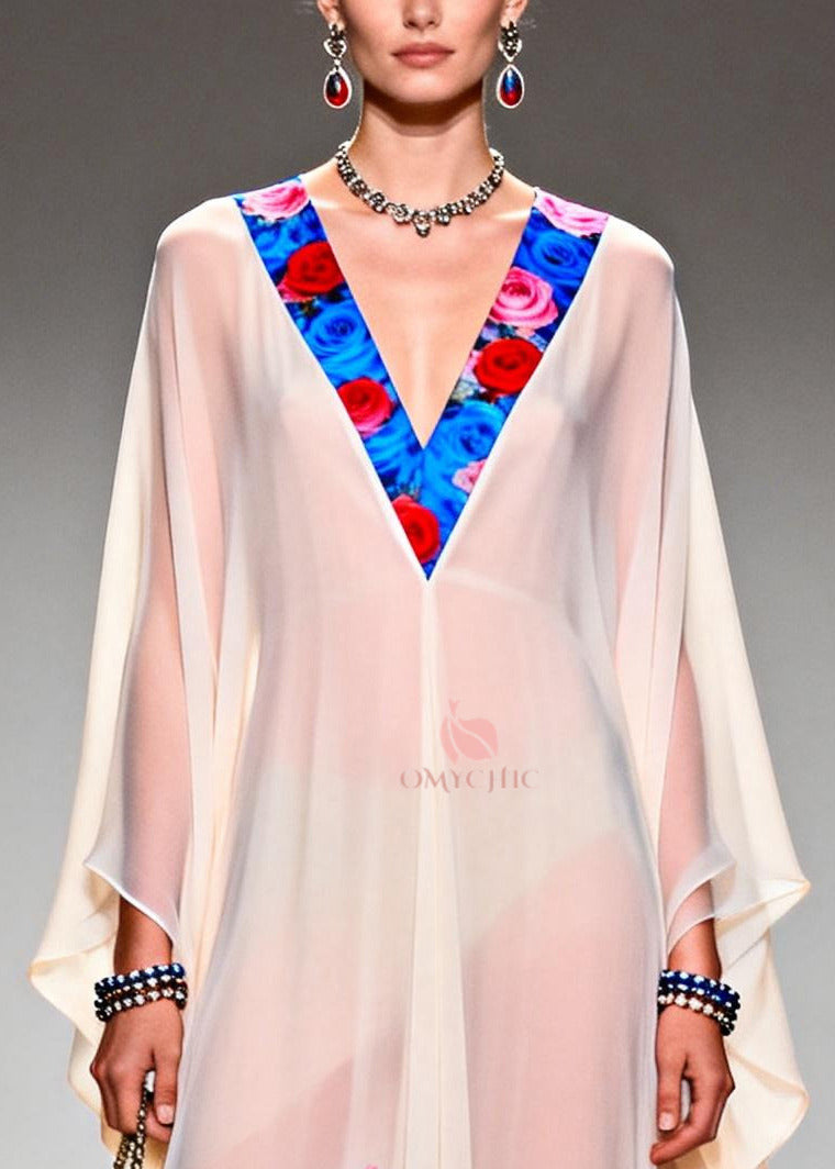 DIY White V Neck Print Chiffon Long Dresses Summer