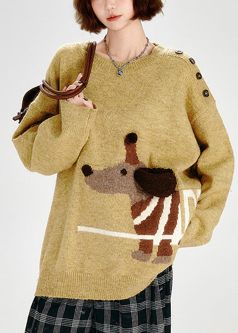 DIY Yellow Asymmetrical Dog Jacquard Knit Sweater Tops Winter