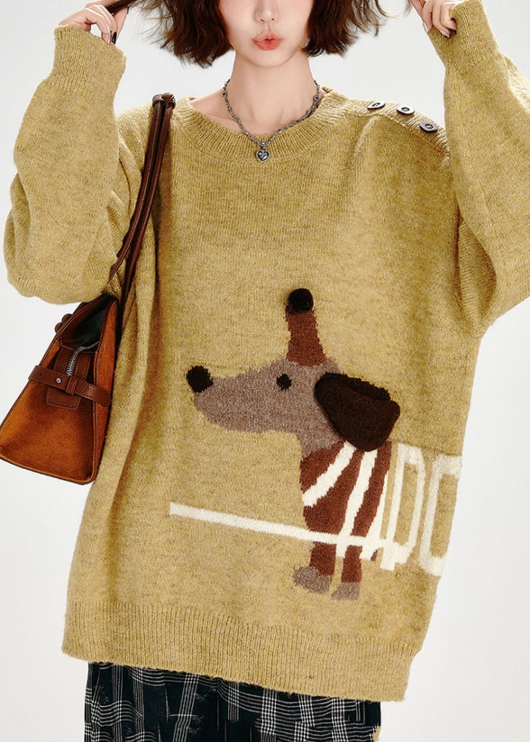 DIY Yellow Asymmetrical Dog Jacquard Knit Sweater Tops Winter