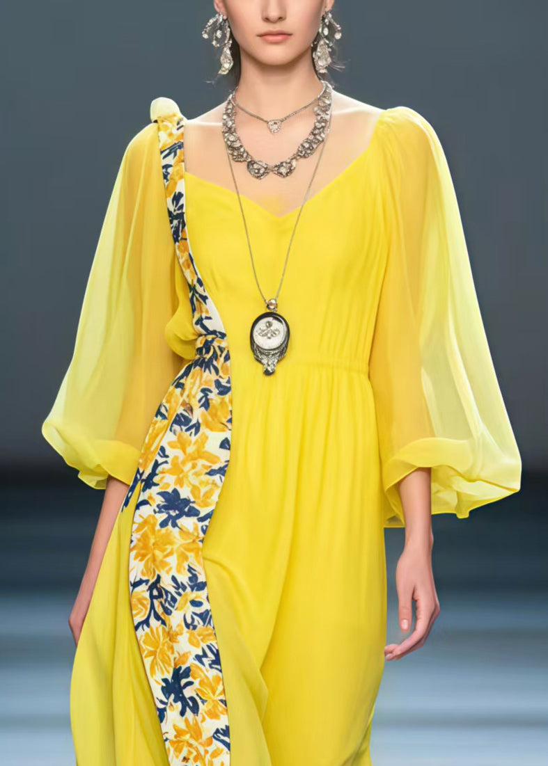 DIY Yellow Asymmetrical Patchwork Chiffon Long Dresses Spring