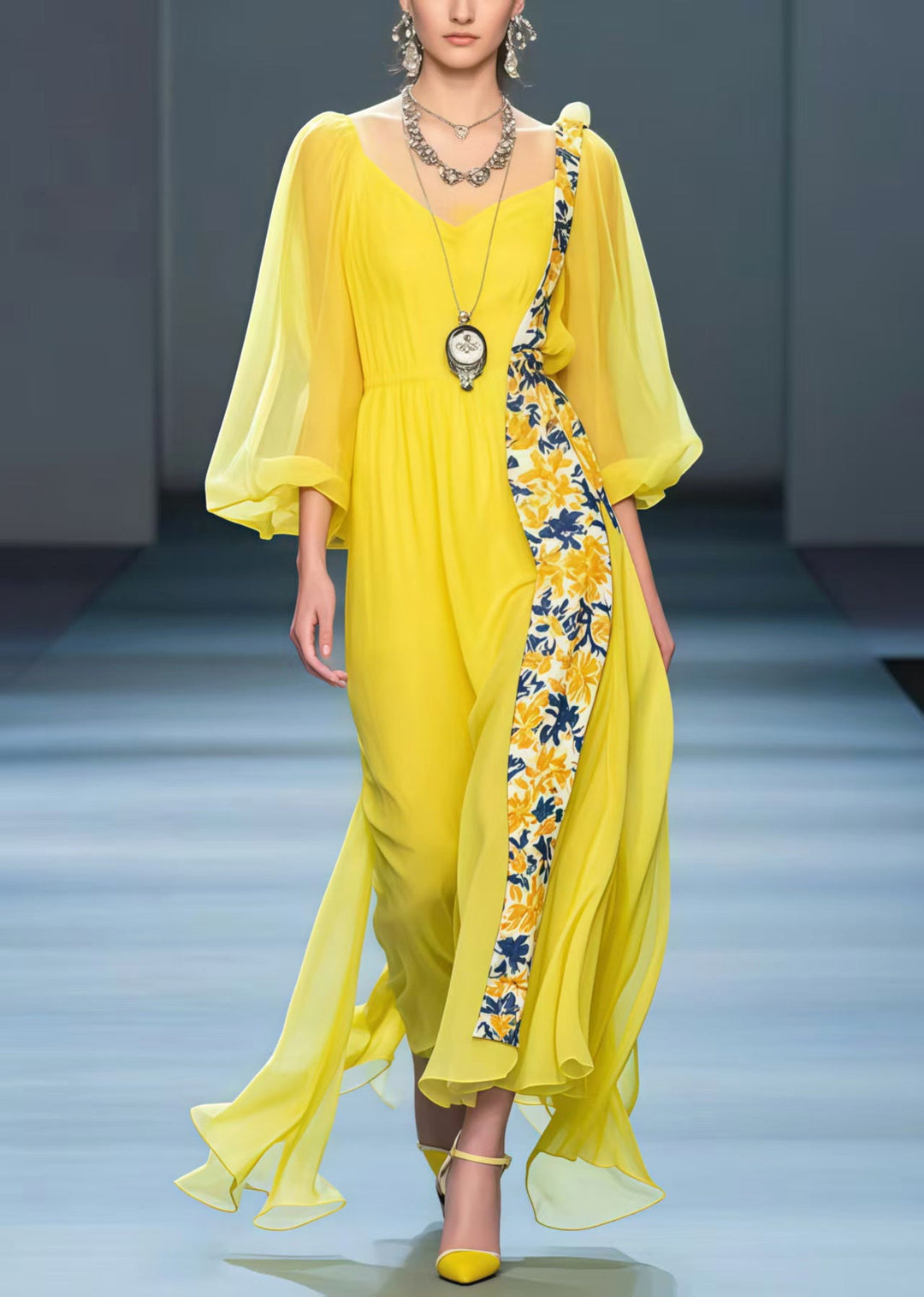 DIY Yellow Asymmetrical Patchwork Chiffon Long Dresses Spring