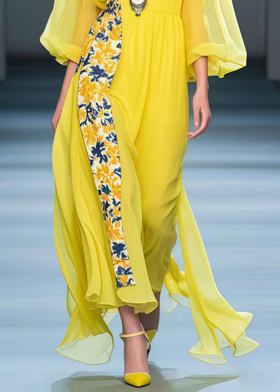 DIY Yellow Asymmetrical Patchwork Chiffon Long Dresses Spring