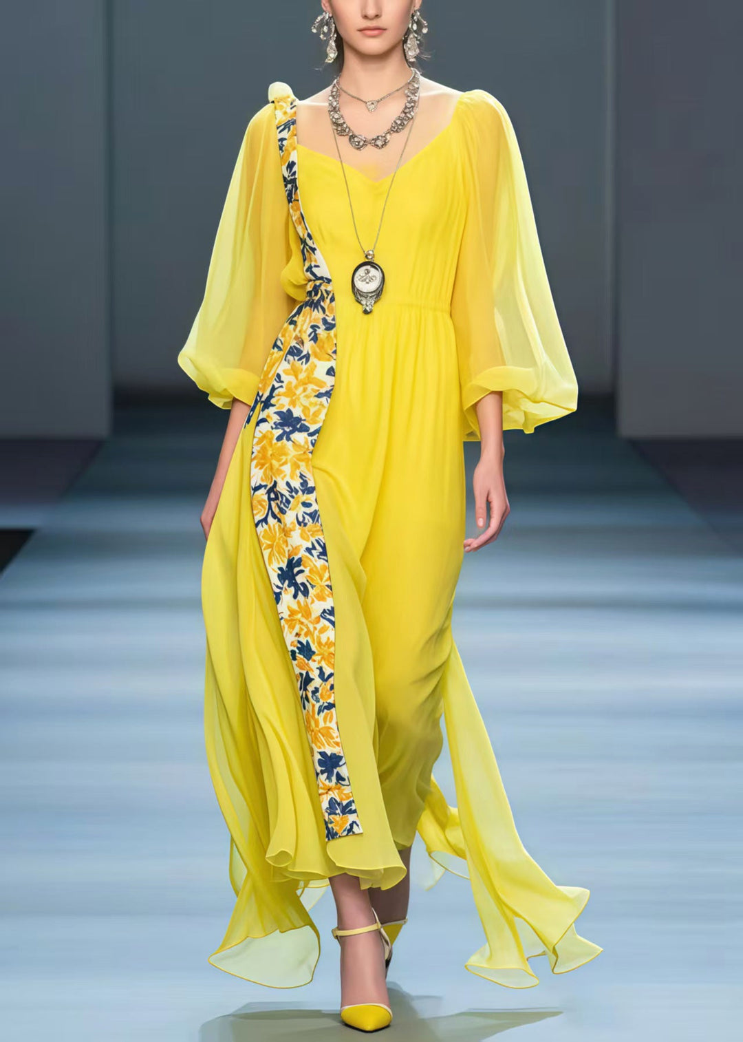DIY Yellow Asymmetrical Patchwork Chiffon Long Dresses Spring