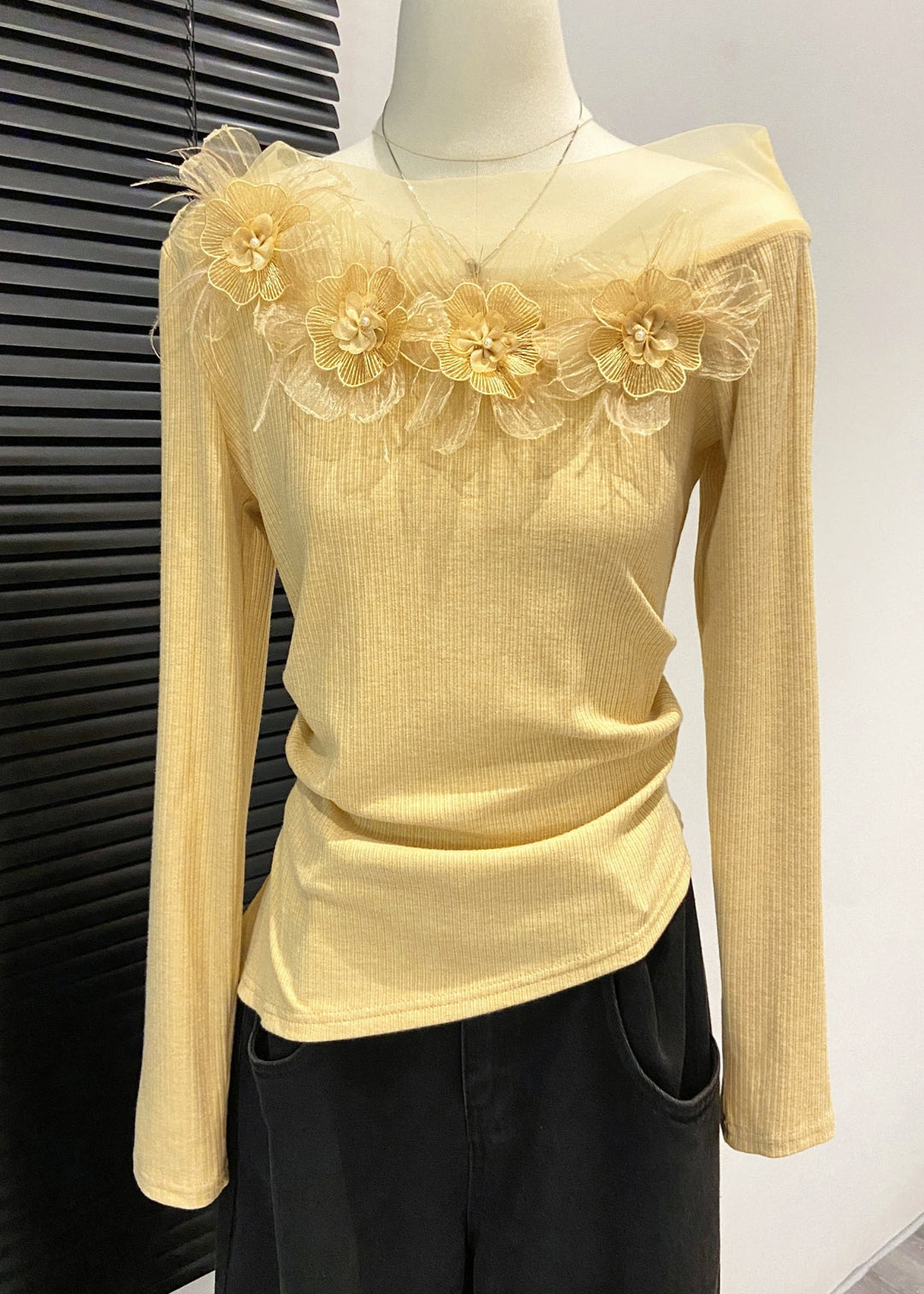DIY Yellow Cold Shoulder Floral Decorated Cotton Shirts Fall