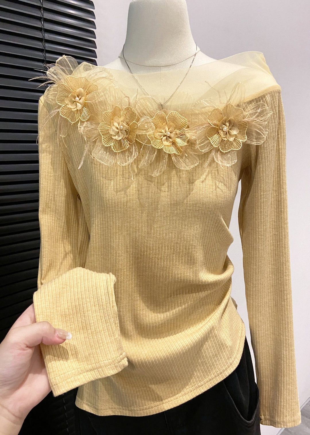 DIY Yellow Cold Shoulder Floral Decorated Cotton Shirts Fall