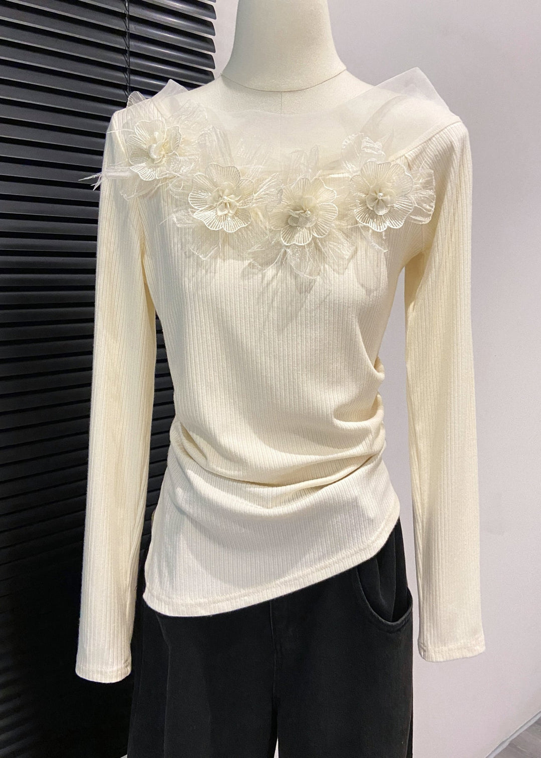 DIY Yellow Cold Shoulder Floral Decorated Cotton Shirts Fall