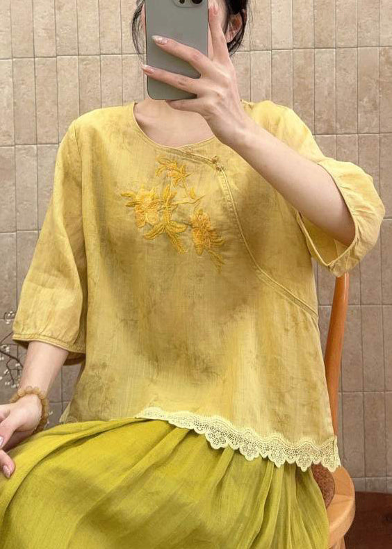 DIY Yellow Embroidered Patchwork Lace Oriental Tops Summer