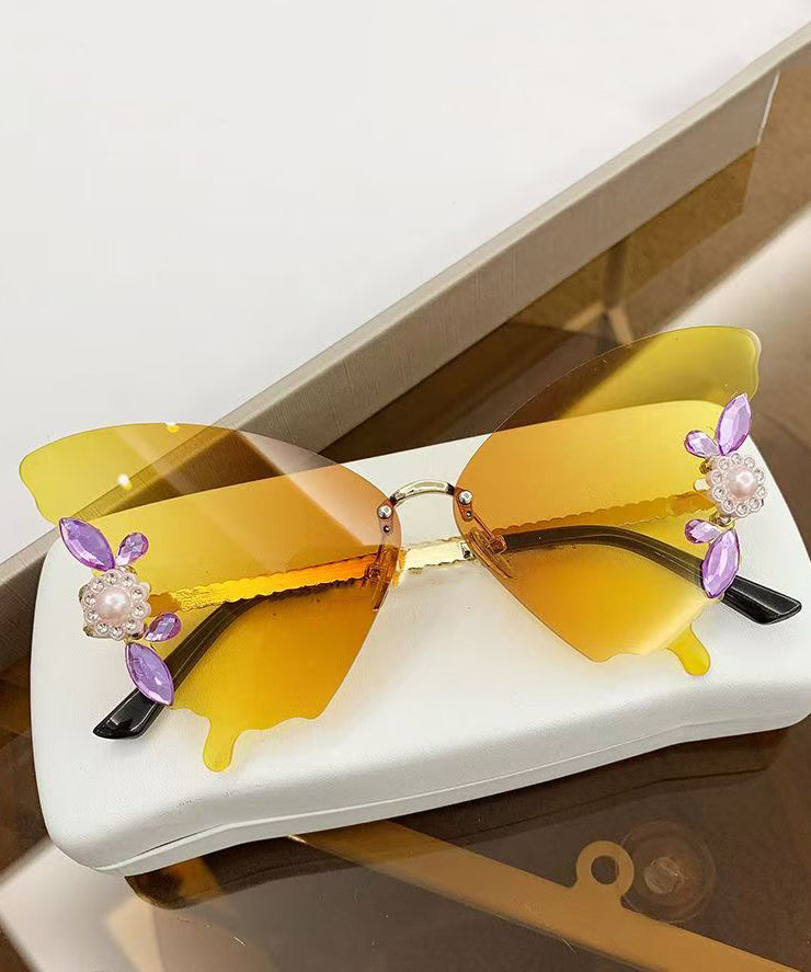 DIY Yellow Metal Zircon Pearl Butterfly Sunglasses