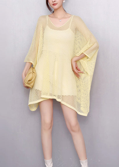 DIY Yellow Oversized Hollow Out Tulle Long Tops Summer