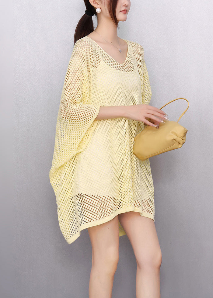DIY Yellow Oversized Hollow Out Tulle Long Tops Summer