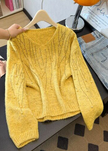 DIY Yellow Oversized Nail Bead Knit Sweaters Winter