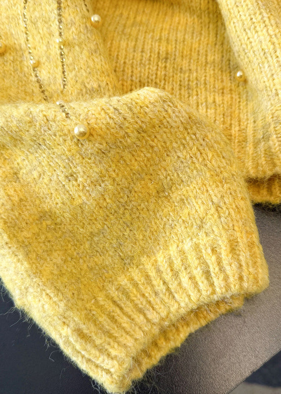 DIY Yellow Oversized Nail Bead Knit Sweaters Winter