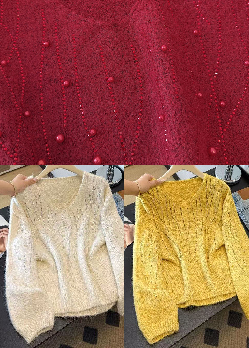 DIY Yellow Oversized Nail Bead Knit Sweaters Winter