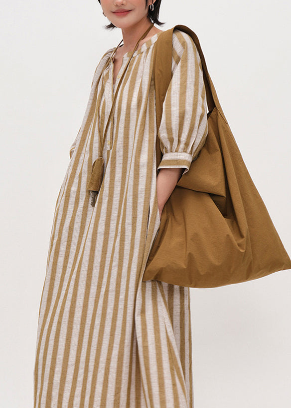 DIY Yellow Oversized Striped Linen Maxi Dress Bracelet Sleeve