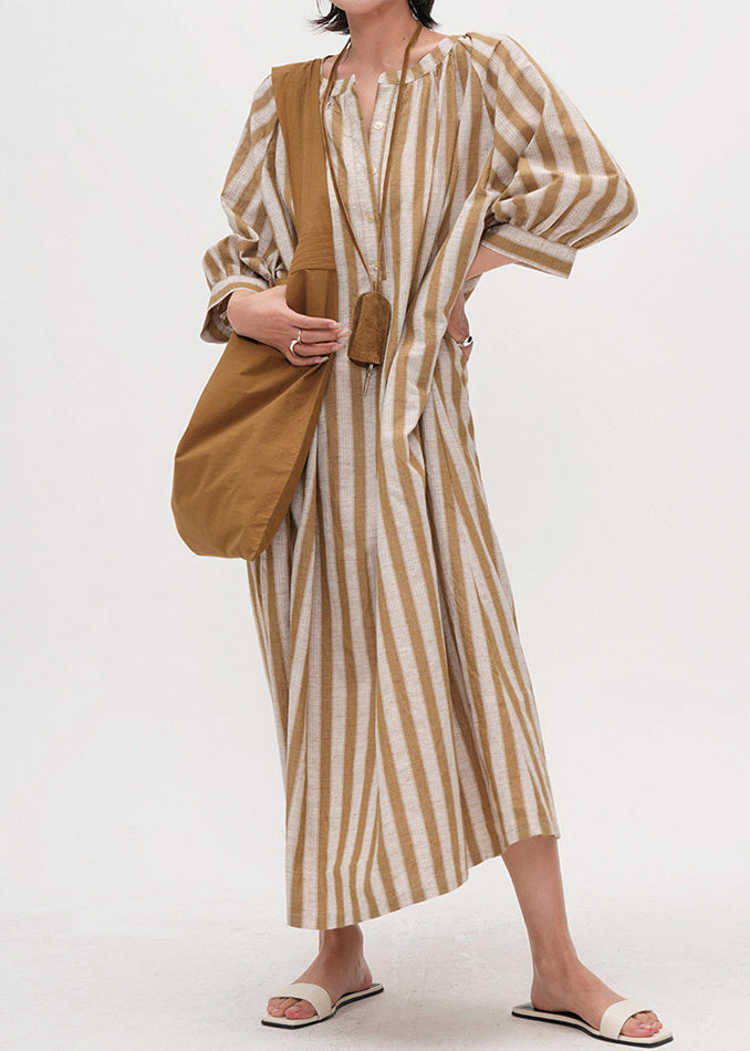 DIY Yellow Oversized Striped Linen Maxi Dress Bracelet Sleeve