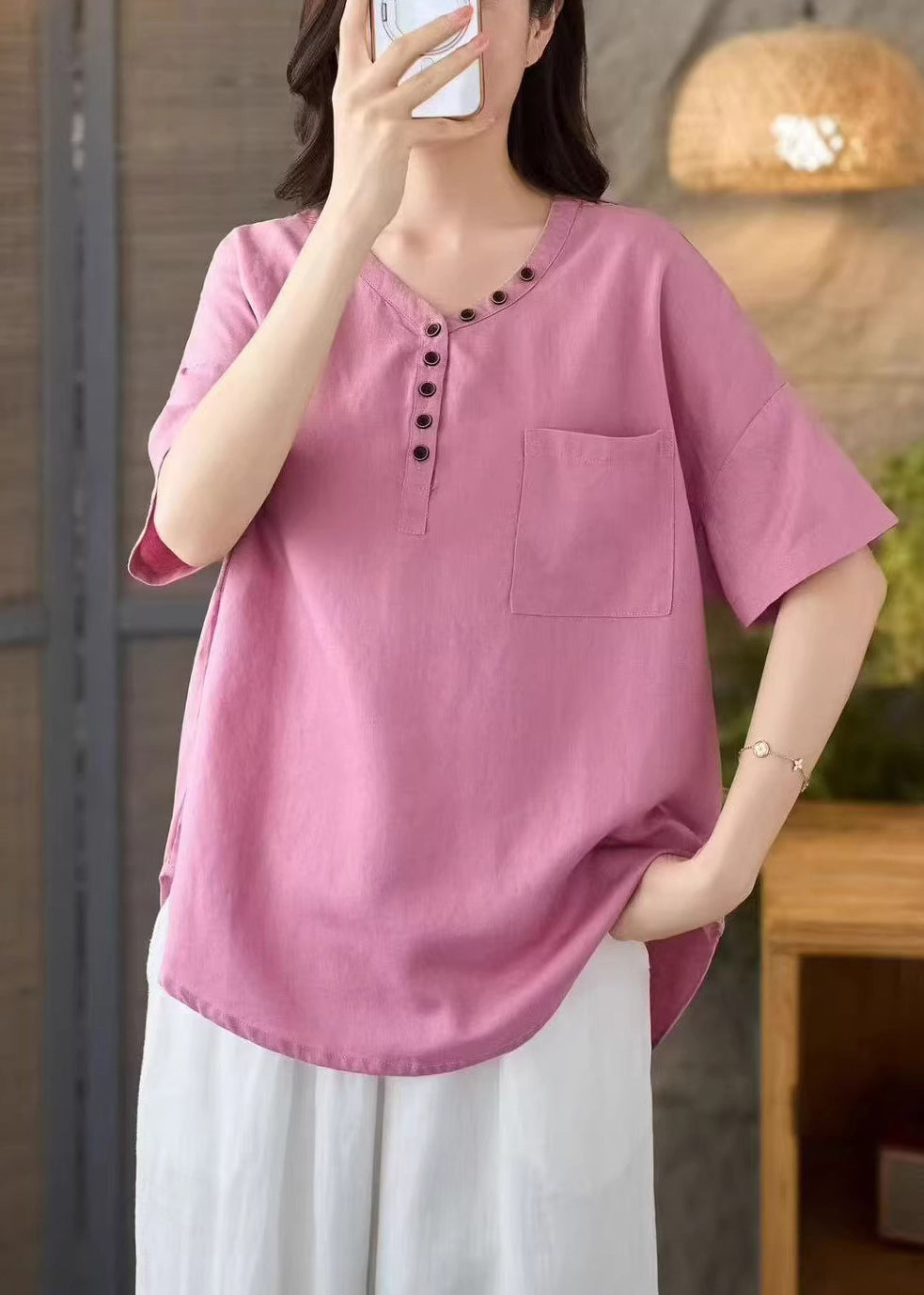 DIY Yellow Oversized With Pocket Cotton Blouse Tops Summer