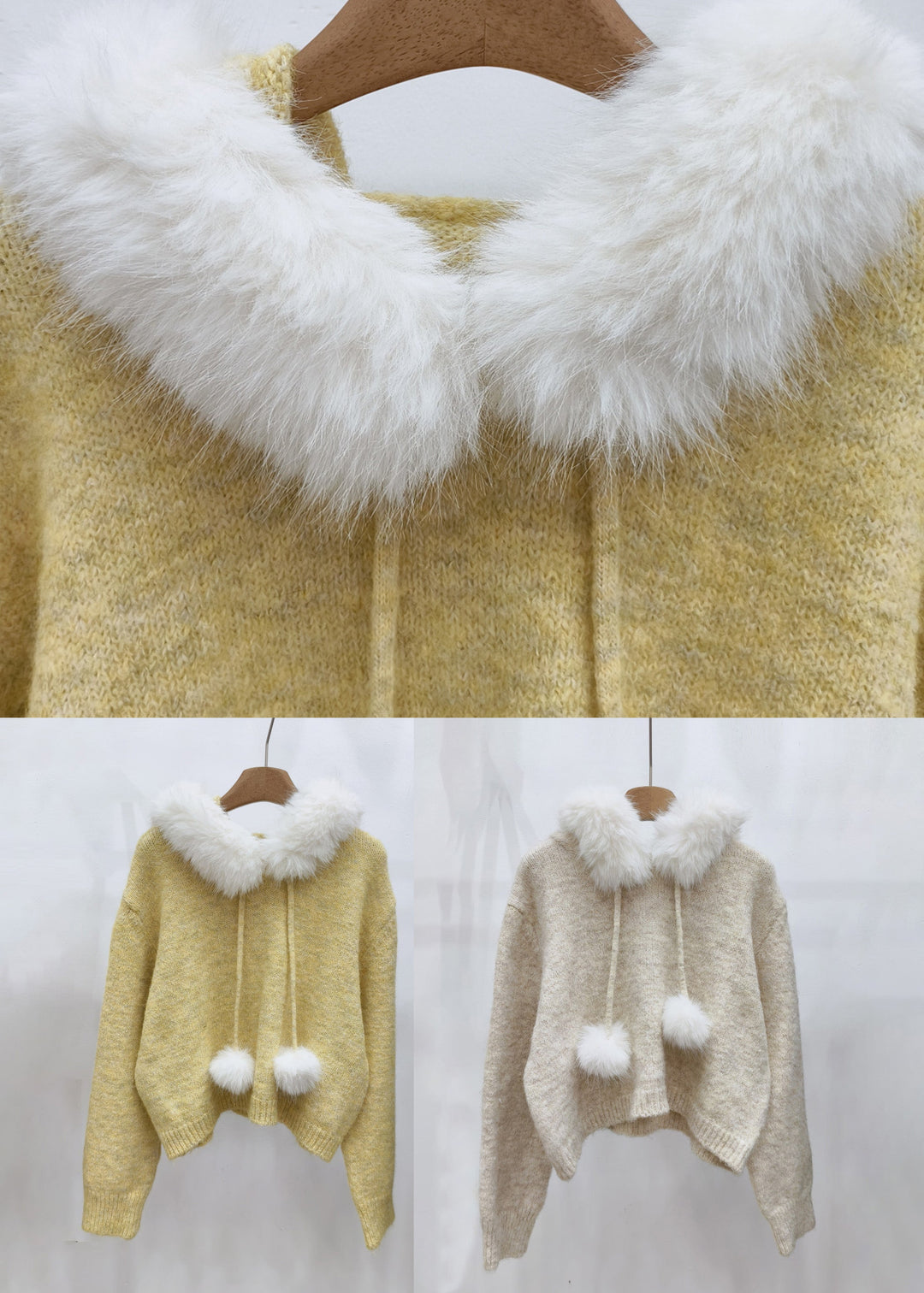 DIY Yellow Patchwork Warm Hooded Cotton Knit Sweaters Winter