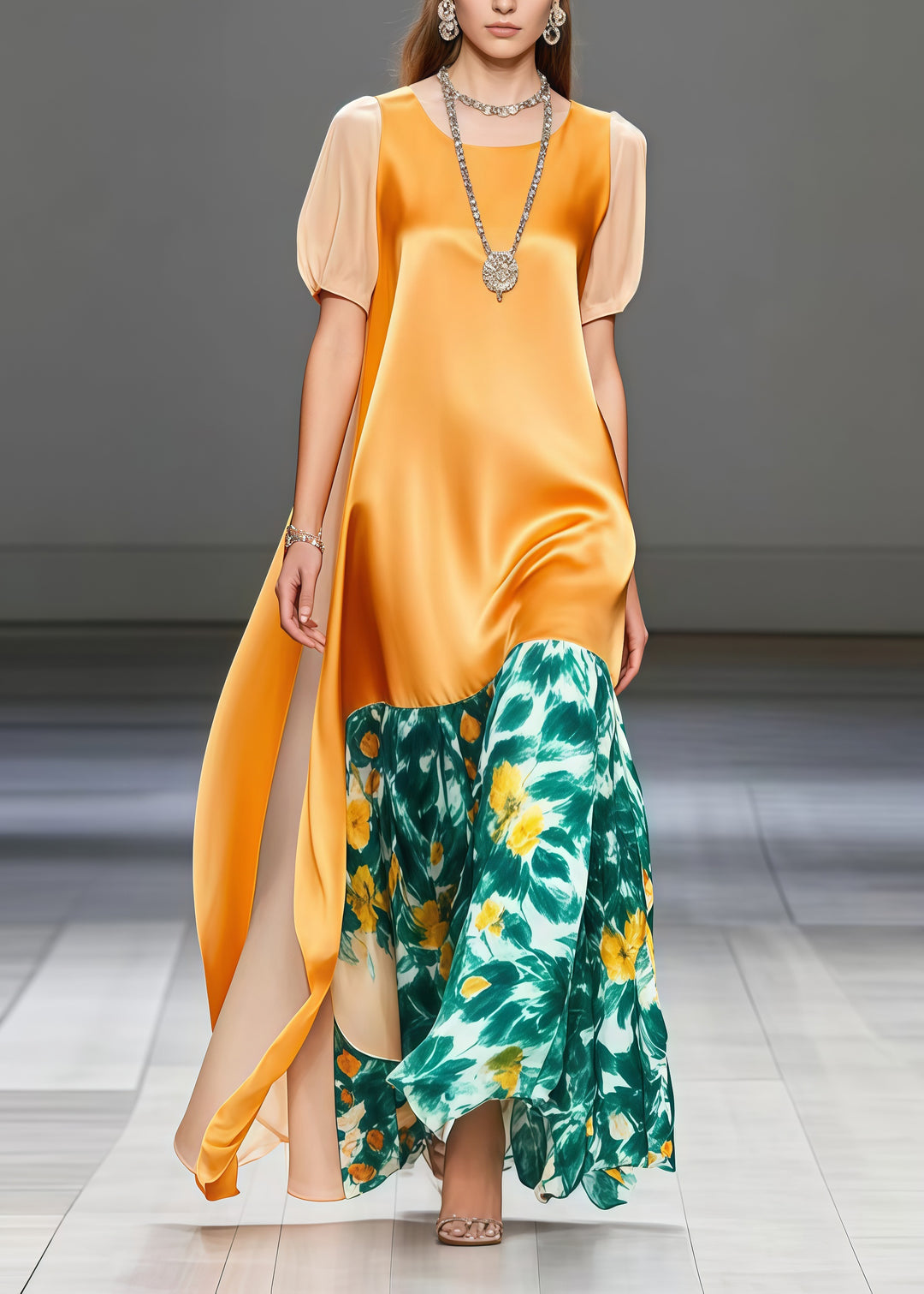 DIY Yellow Print Patchwork Side Open Silk Long Dress Summer