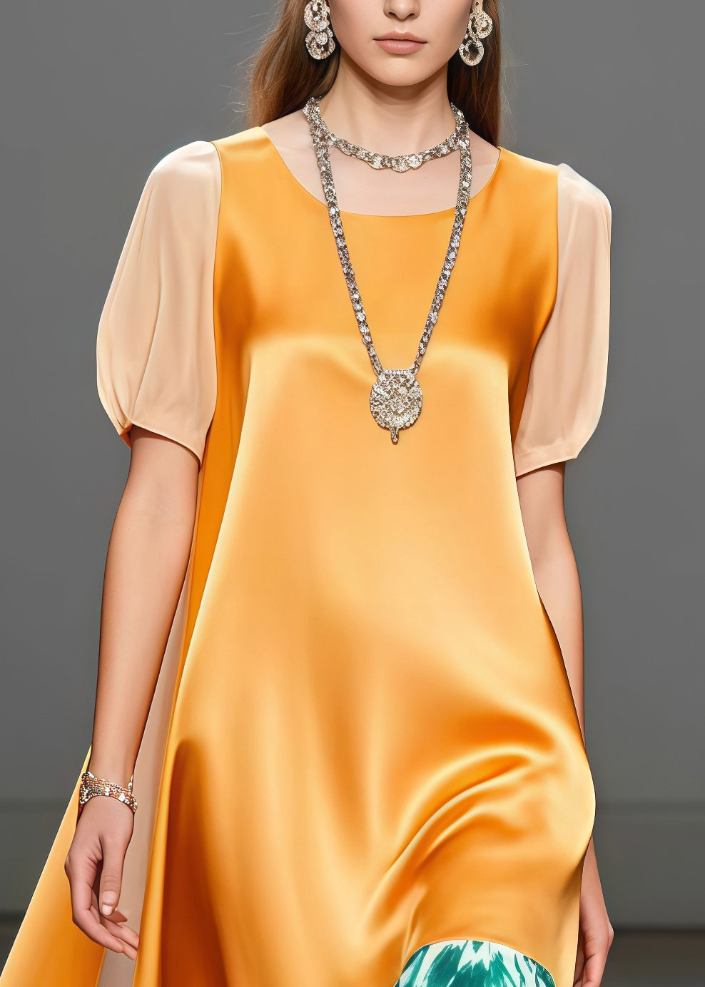 DIY Yellow Print Patchwork Side Open Silk Long Dress Summer