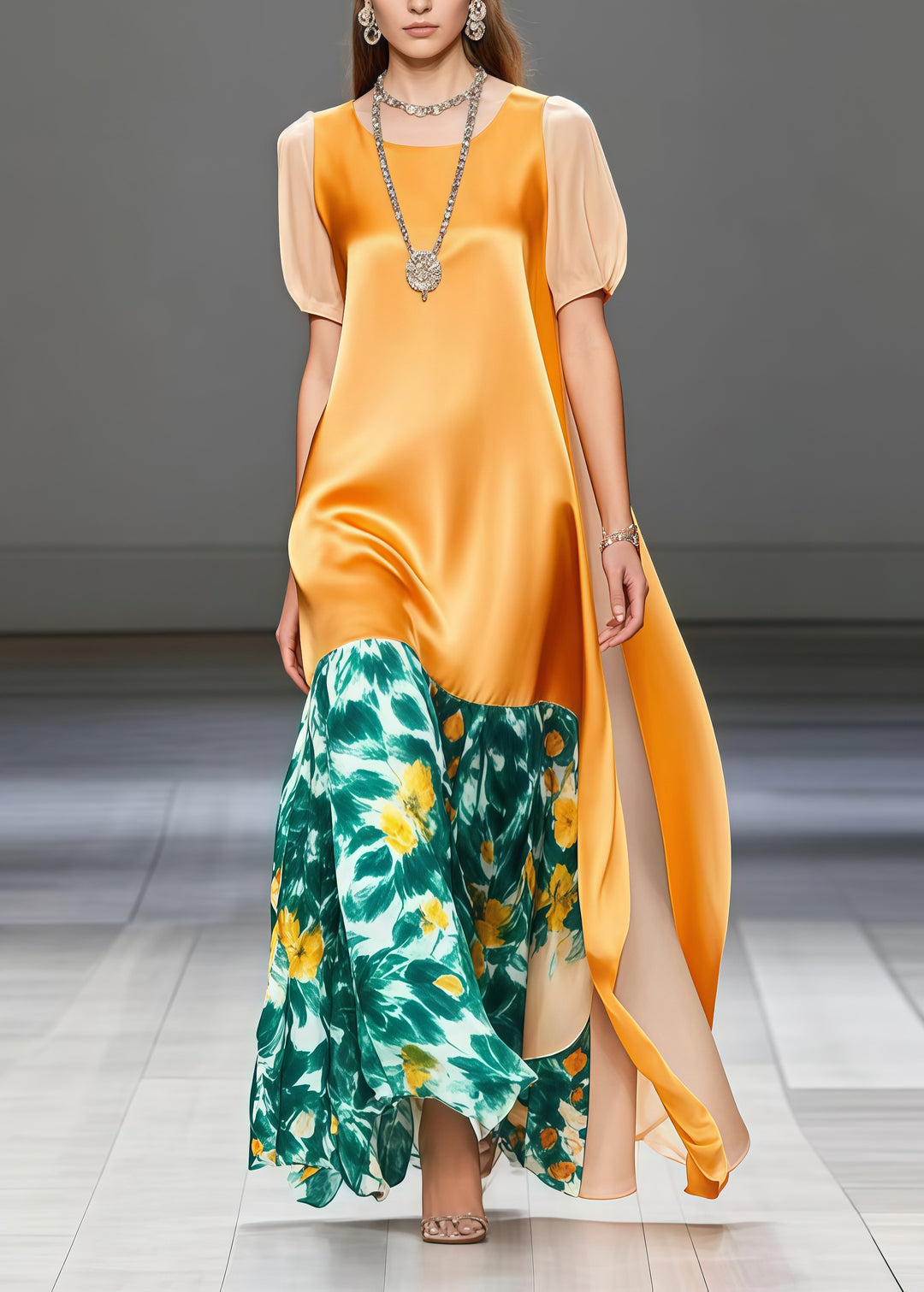 DIY Yellow Print Patchwork Side Open Silk Long Dress Summer
