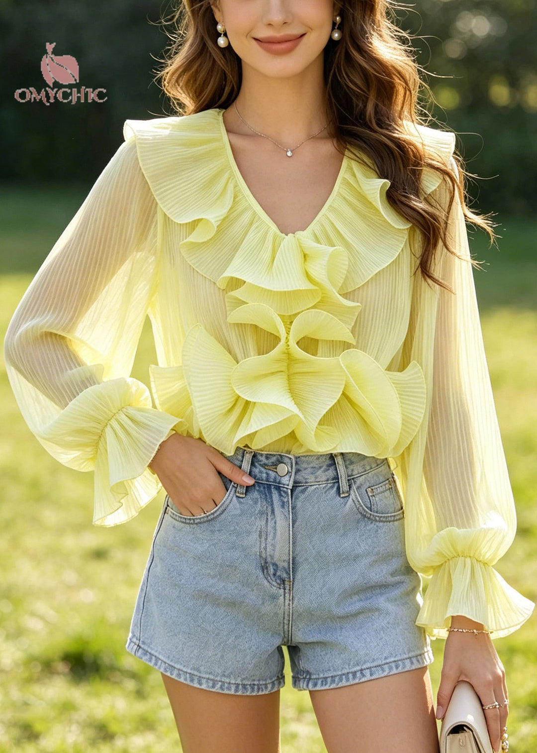 DIY Yellow Ruffled Flower Chiffon Pleated Shirts Summer