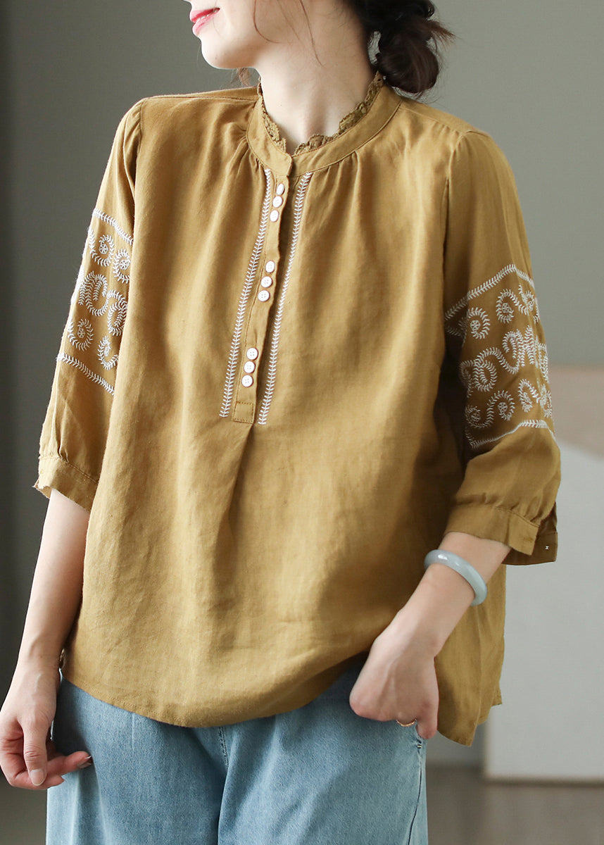 DIY Yellow Stand Collar Embroidered Linen Blouse Top Summer