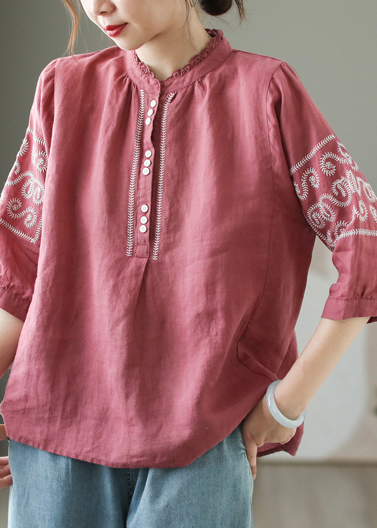 DIY Yellow Stand Collar Embroidered Linen Blouse Top Summer