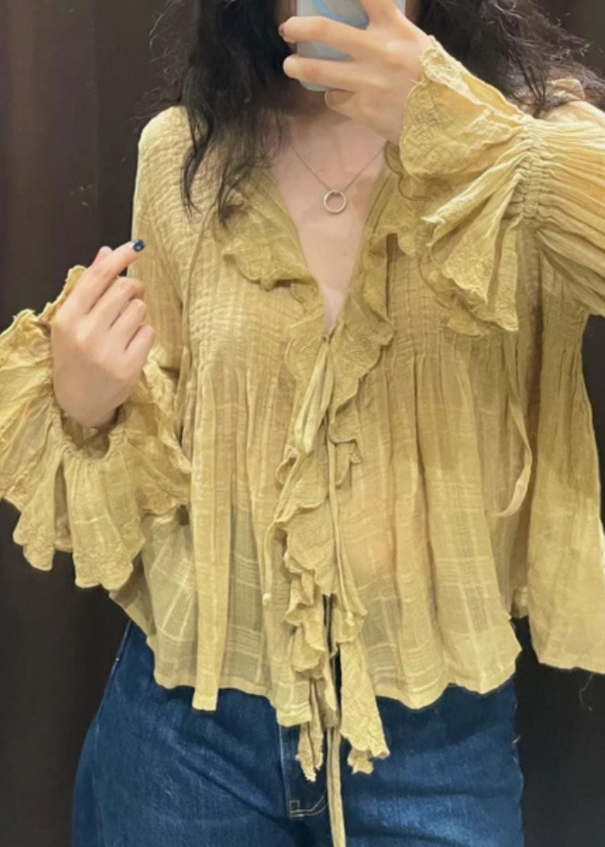 DIY Yellow V Neck Tie Lace Solid Shirt Fall