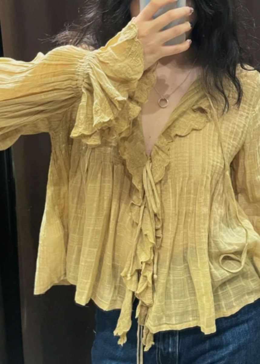 DIY Yellow V Neck Tie Lace Solid Shirt Fall