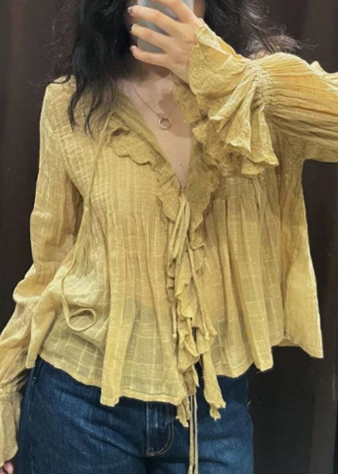 DIY Yellow V Neck Tie Lace Solid Shirt Fall