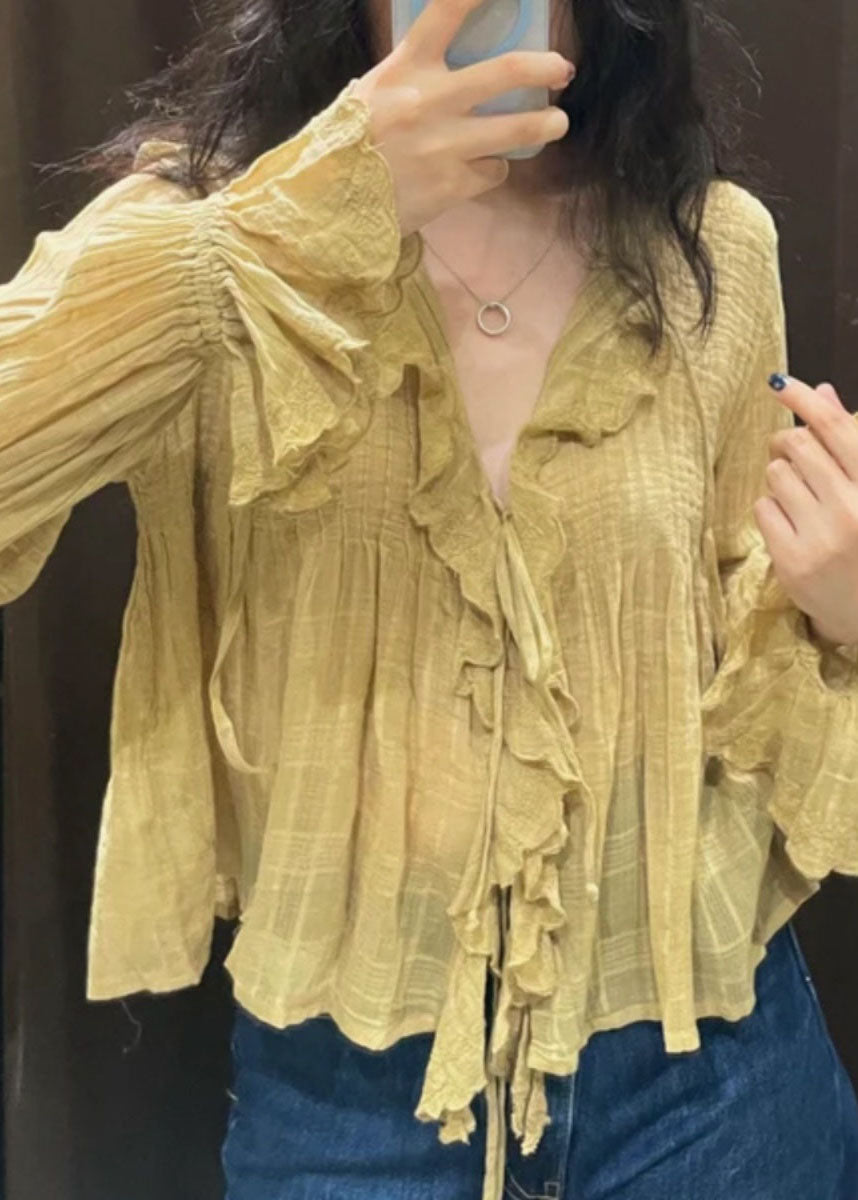 DIY Yellow V Neck Tie Lace Solid Shirt Fall