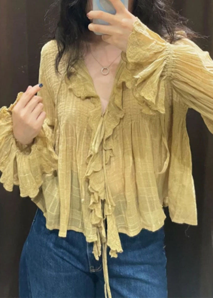 DIY Yellow V Neck Tie Lace Solid Shirt Fall