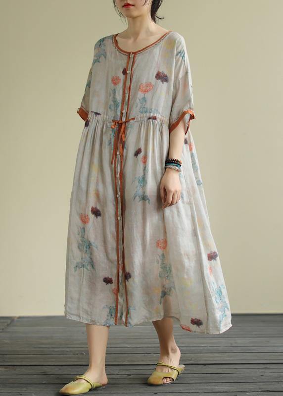 DIY floral linen Long Shirts o neck drawstring Robe summer Dresses - SooLinen