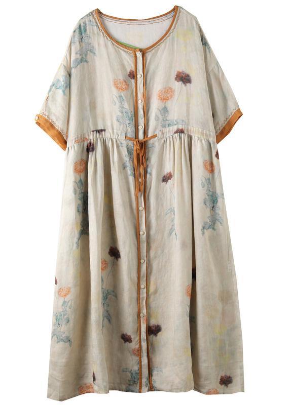 DIY floral linen Long Shirts o neck drawstring Robe summer Dresses - SooLinen