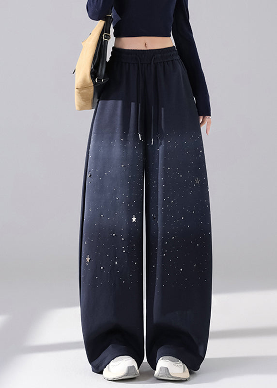 Dark Blue Elastic Waist Wide Leg Pants