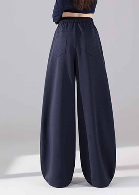 Dark Blue Elastic Waist Wide Leg Pants