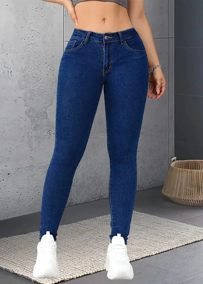 Dark Blue Pockets Button Patchwork Solid Denim Pants