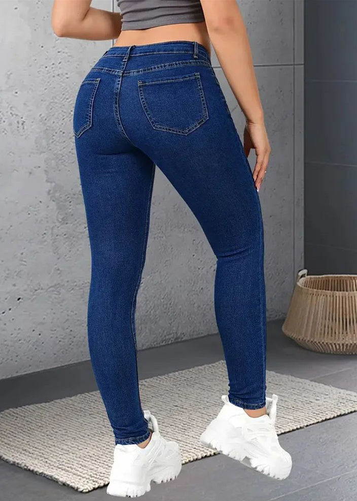 Dark Blue Pockets Button Patchwork Solid Denim Pants