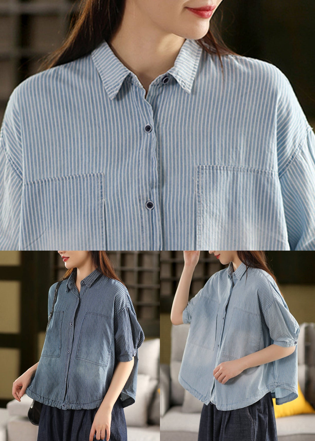 Dark Blue Striped Button Cotton Summer Shirt Peter Pan Collar