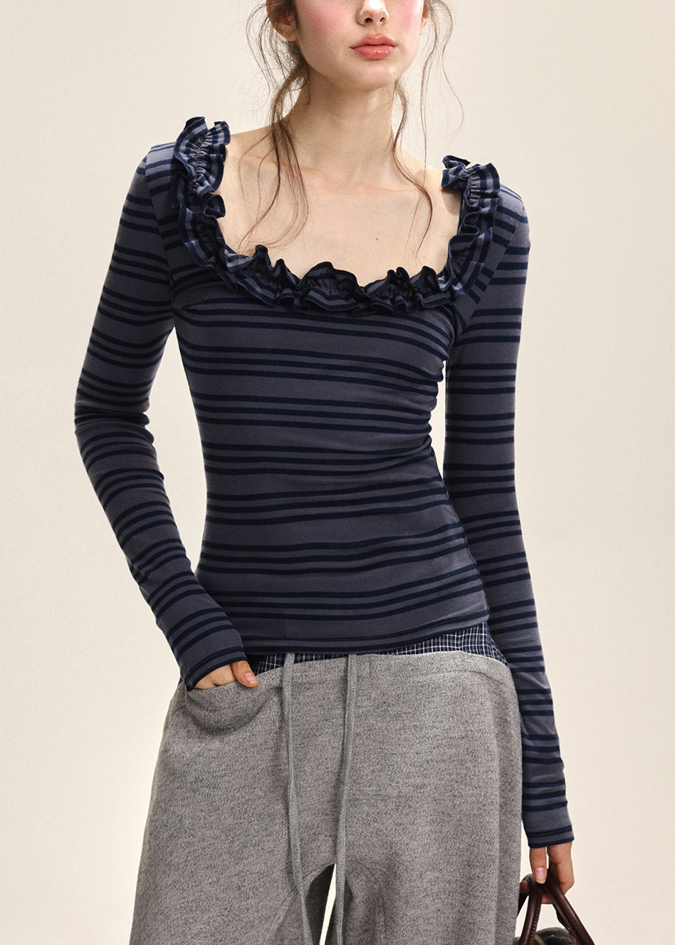 Dark Blue Striped Ruffled Patchwork T Shirt Fall